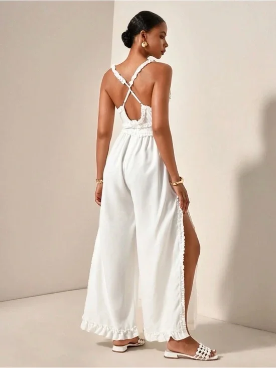 White Ruffle Trim Jumpsuit - Picture 2 of 9